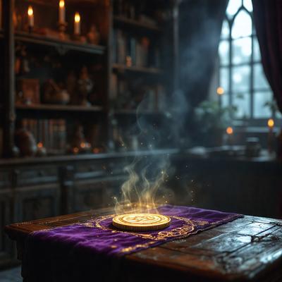 The primary subject of the image is a purple cloth with a gold circle on it, placed on a wooden table. The setting is a room with a bookshelf and a window. The visual style appears to be a combination of photo and digital art, creating a unique and intriguing atmosphere. The dominant colors are purple and gold, with the purple cloth and gold circle being the main focus of the image.